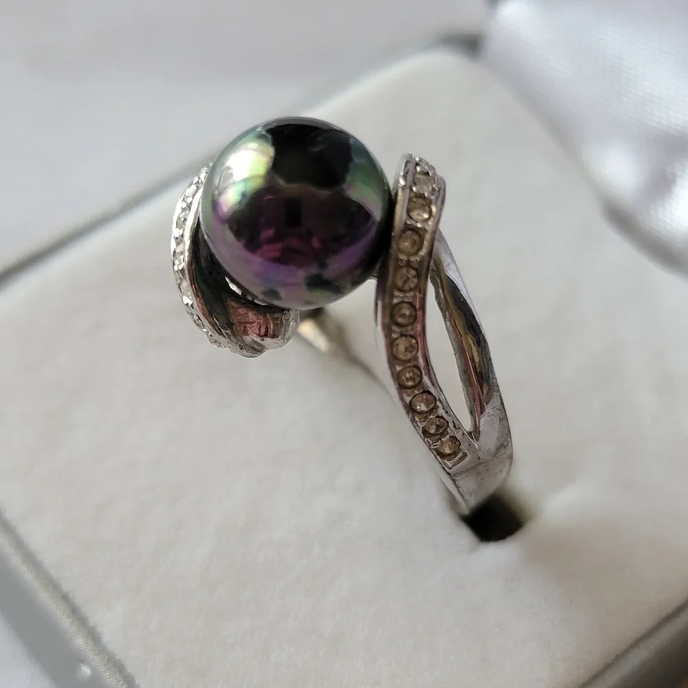Faux Black Pearl Ring Silver Tone